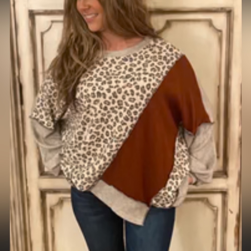 Boutique Ultrasoft Leopard Patchwork Pullover-Size XL
